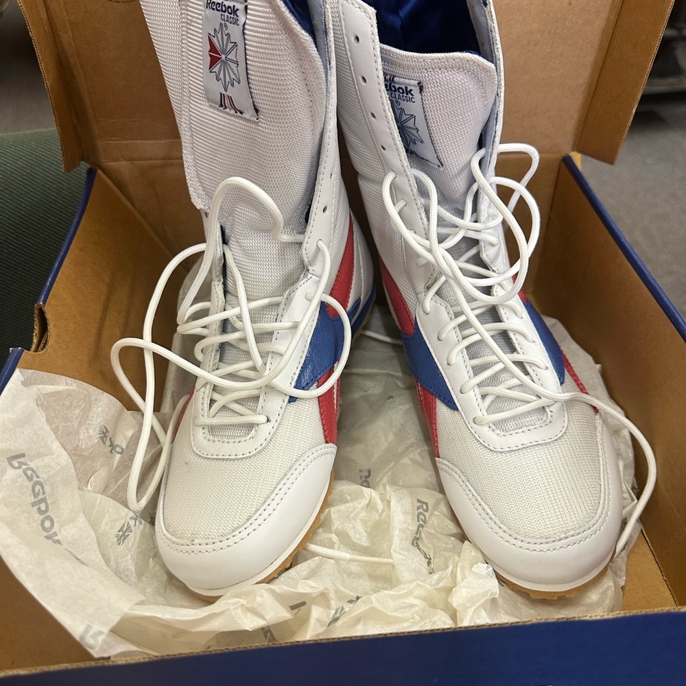 Reebok Vintage White Boxing Sneakers with Blue and Red Details (NIB)